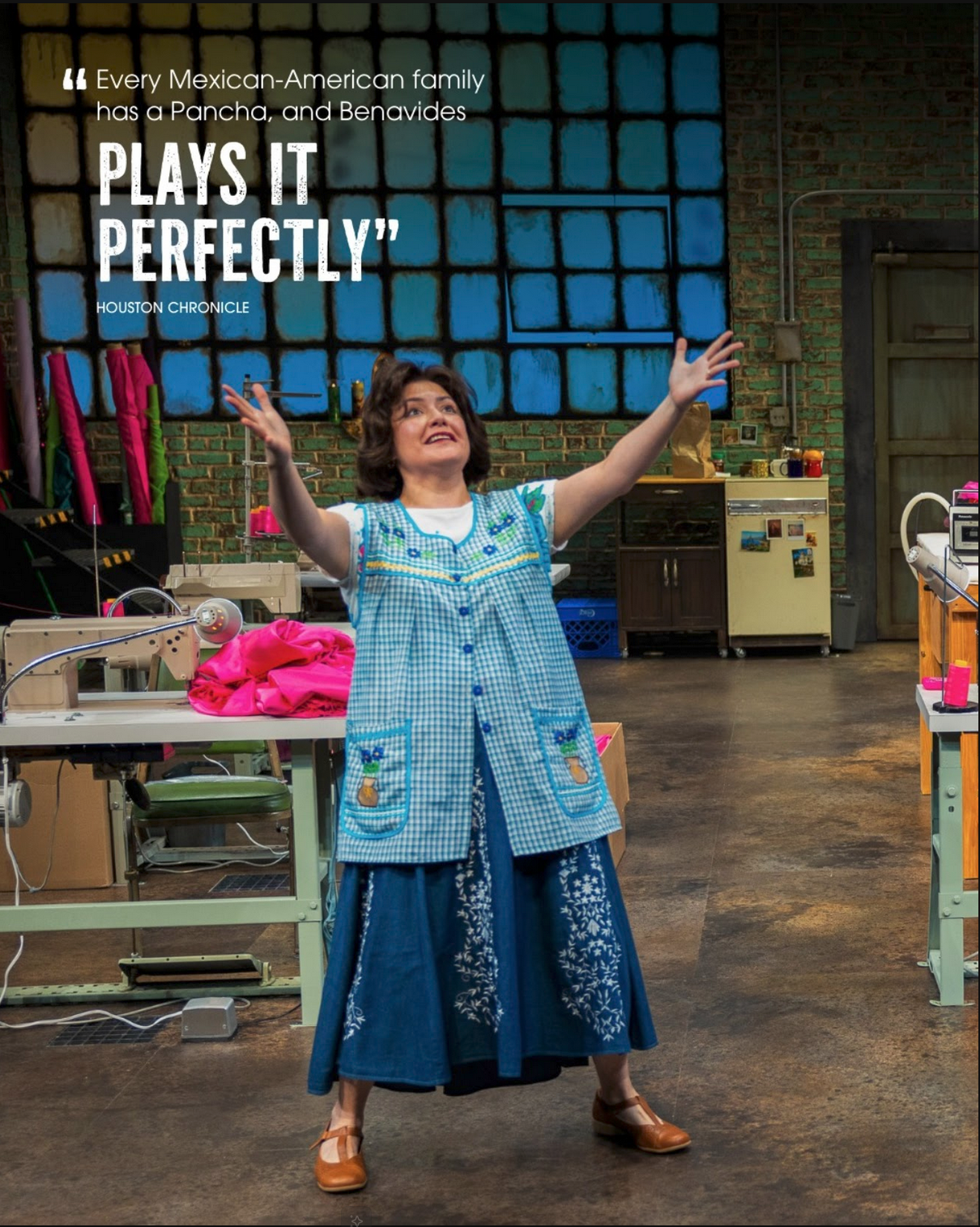 Gloria Vivica Benavides on stage as Pancha in a sewing workshop set