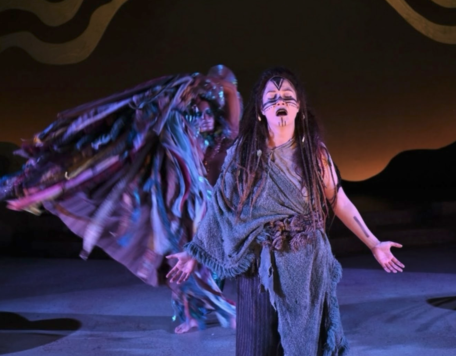 Gloria Vivica Benavides as Caliban in The Tempest, mid-performance